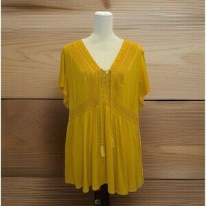 Torrid Boho V-Neck Mustard Yellow Gold Flowy Short Sleeve Shirt Blouse Size 1